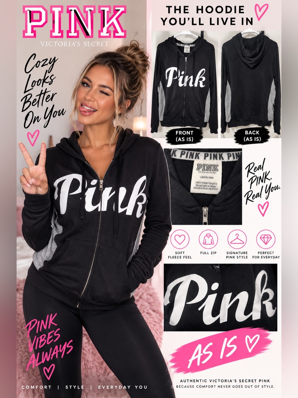 PINK Victoria's Secret Black Zip-Up Hoodie - Black size Large